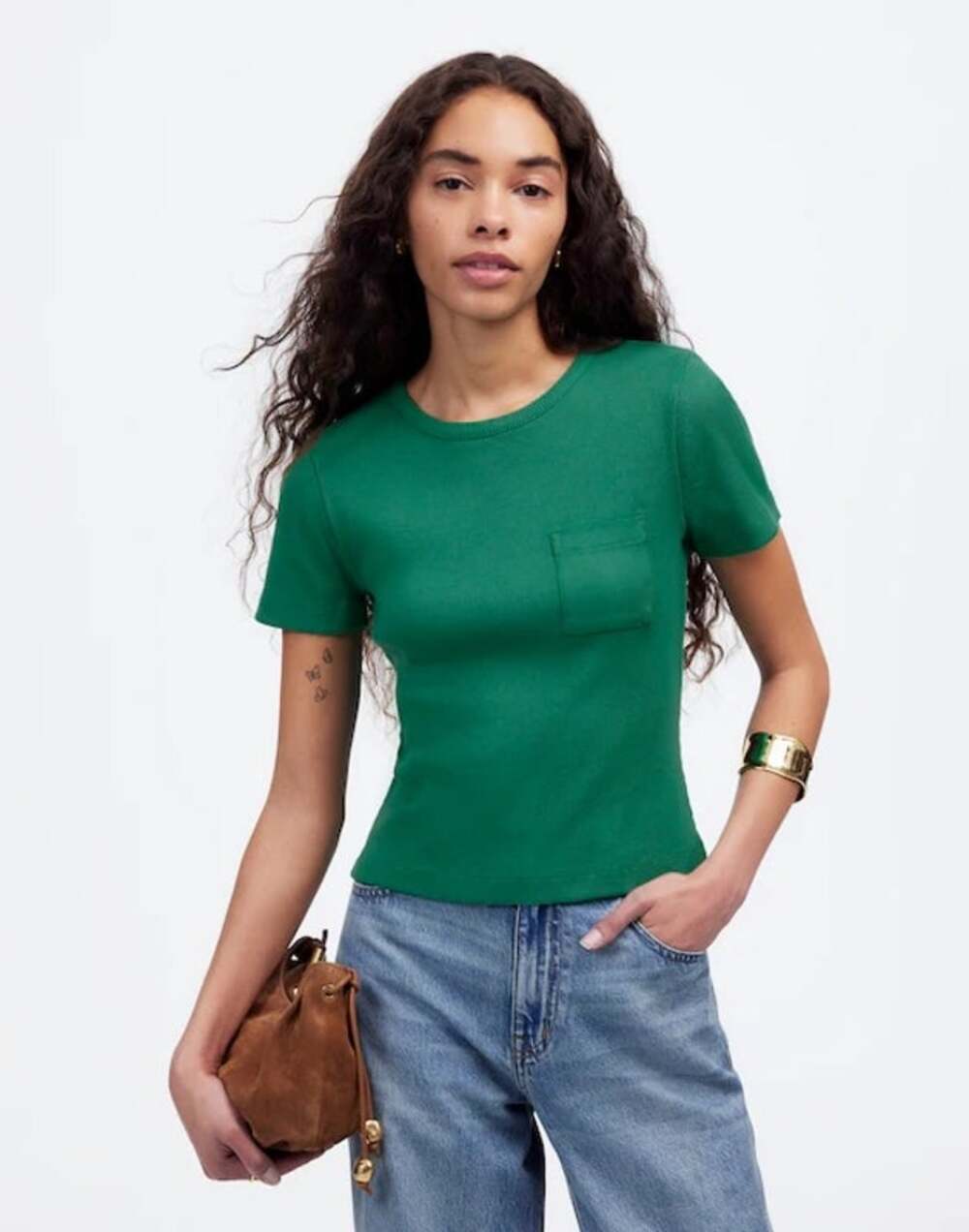 Madewell Garment Dyed Ribbed Crewneck Pocket Tee Shirt Verdant Green XS NWT
